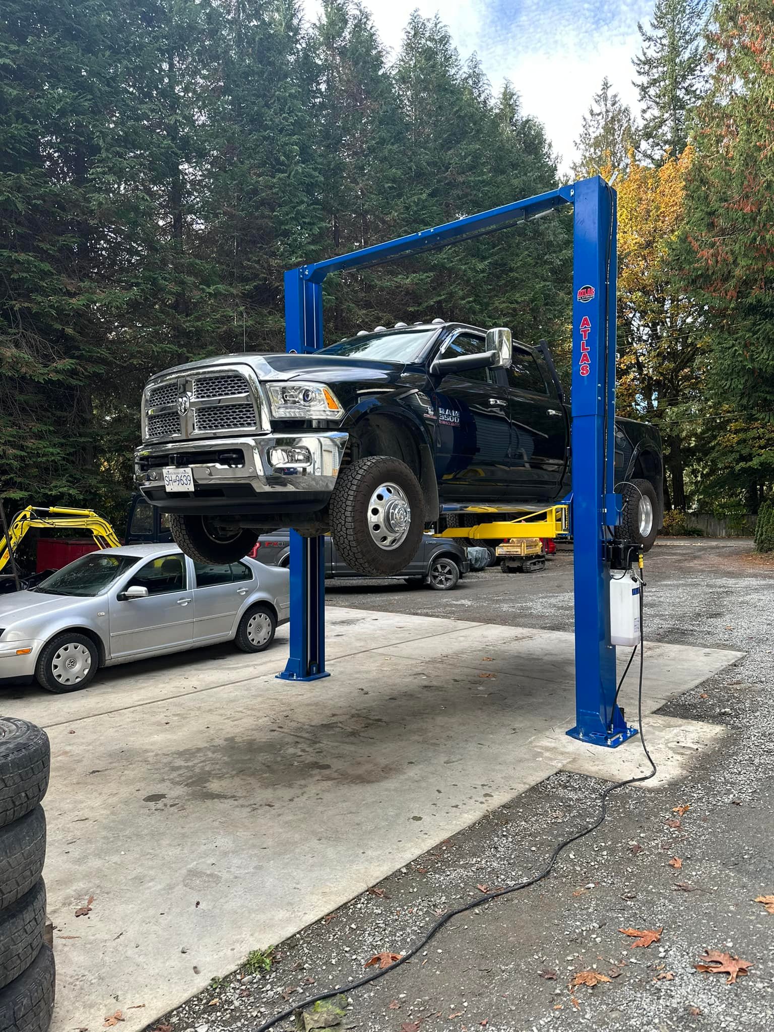 truck on hoist at MOR Auto in Sooke